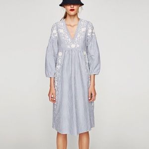 Zara V-Neck floral embroidered striped Midi dress Sz XS